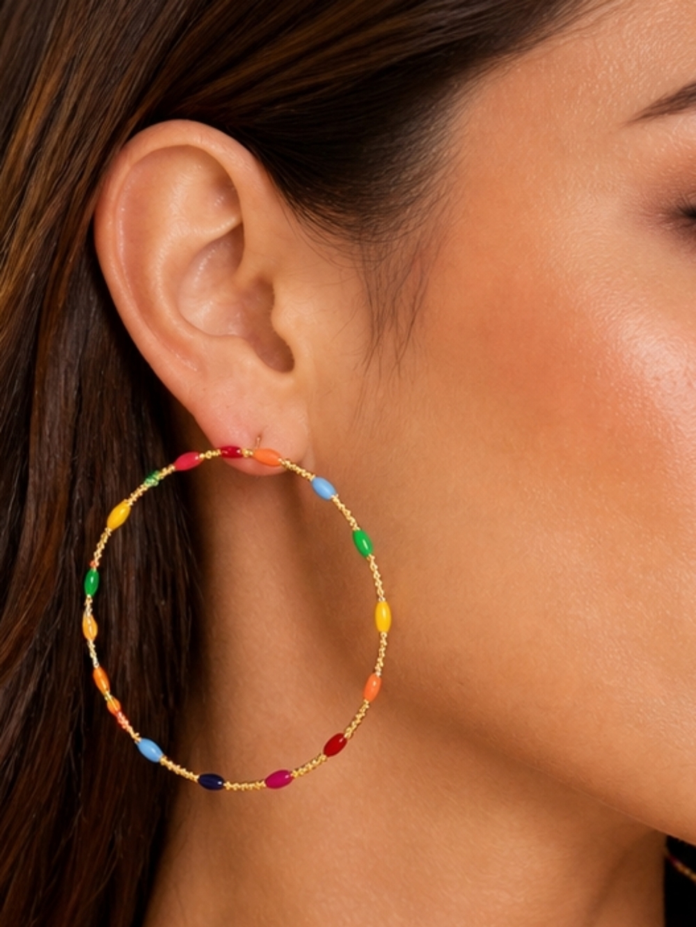 Colorful Inlays On Gold -Tone Hoop Earrings